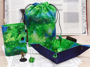 Green Nebula Dice Bag Bundle, a Spellbook, Dice tray and large bag in Green Nebula fabric