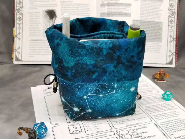 Teal Constellations dice bag with built-in organizer