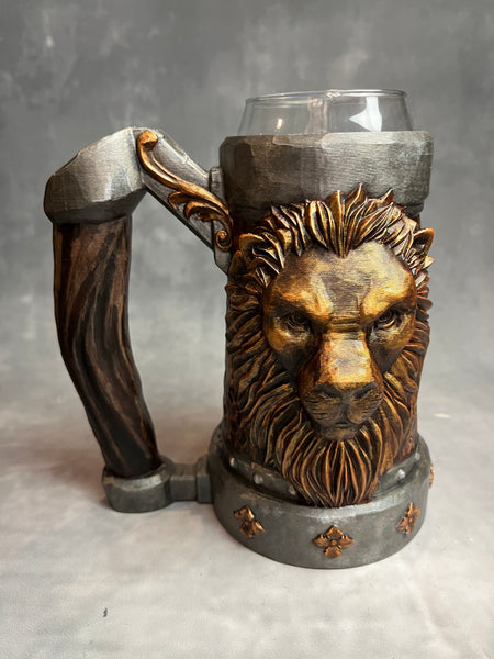 Armoured Pint  - Lions Head Copper / Lead - Hand Painted - Can Holder Mug