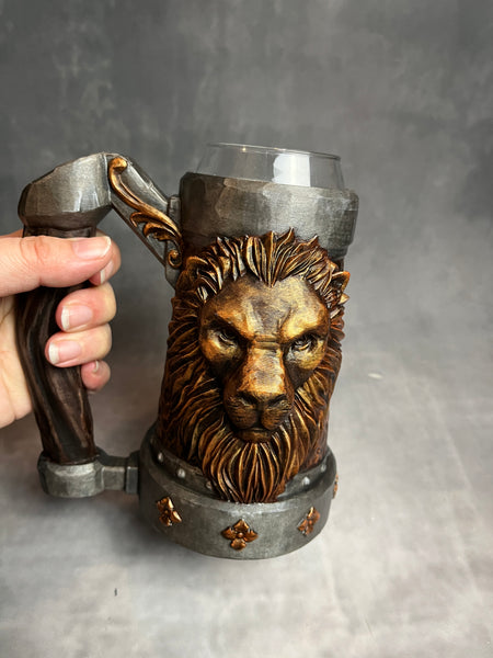 Armoured Pint  - Lions Head Copper / Lead - Hand Painted - Can Holder Mug