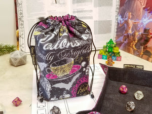 Halloween potions dice bag. Halloween print in black, metallic silver and purple with pops of gold