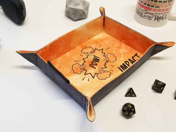 Orange and grey dice tray with black custom graphic