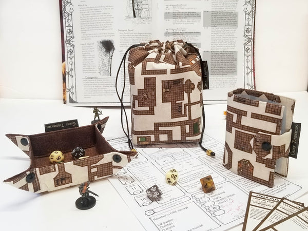 Dice bag 3 piece bundle set (bag, tray, spellbook)in a brown and cream dungeon map print.