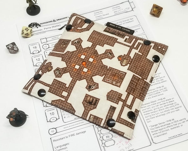 Dungeon map print dice tray, lined with brown crackle fabric, back view showing map print.