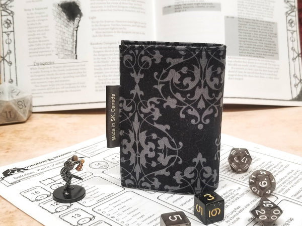Gothic Black and grey damask print Spellbook. back view.
