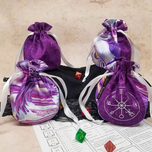 4 purple dice bags in different front/side panel variations.
