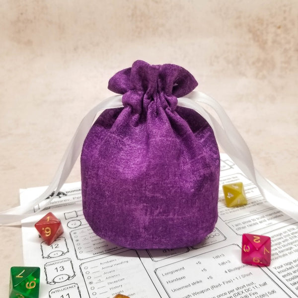 Small Plain purple dice bag with white ribbon closure