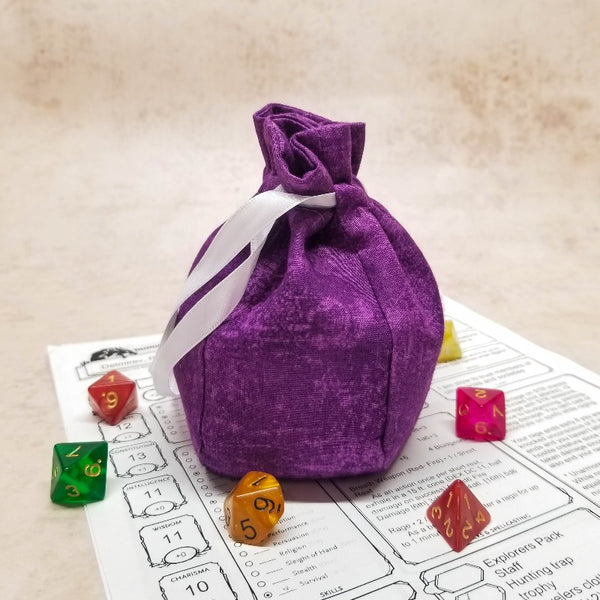 Small Plain purple dice bag with white ribbon closure, side view