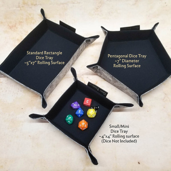 Dice Tray sizes with dice - to show difference between the 3 dice tray sizes we make.