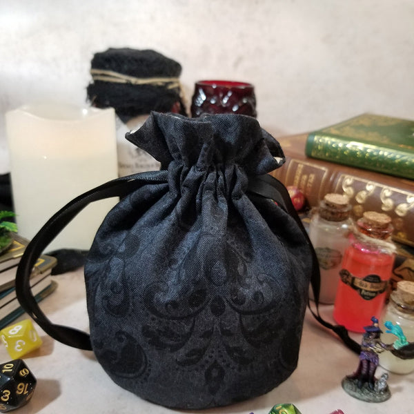 Small Round Dice Bag - Black Faux Damask