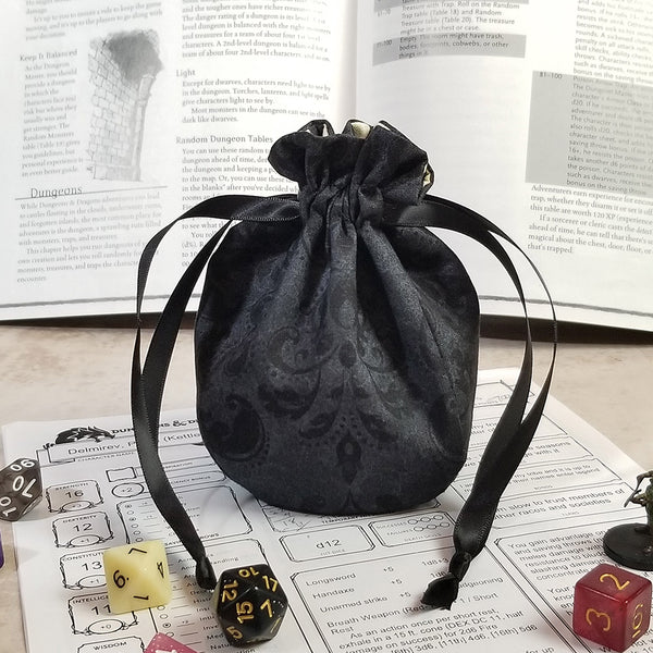 Small Round Dice Bag - Black Faux Damask