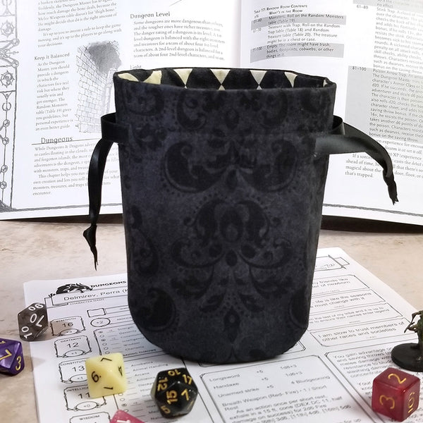Small Round Dice Bag - Black Faux Damask