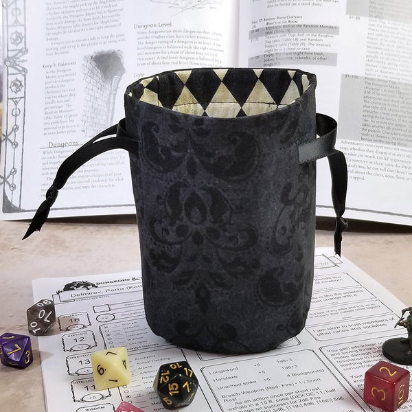 Small Round Dice Bag - Black Faux Damask