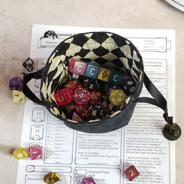 Small Round Dice Bag - Black Faux Damask