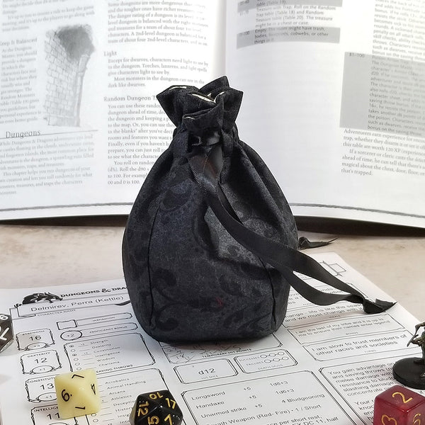Small Round Dice Bag - Black Faux Damask