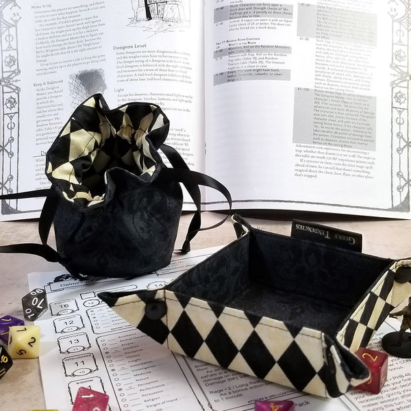 Small Round Dice Bag - Black Faux Damask