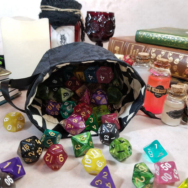 Small Round Dice Bag - Black Faux Damask