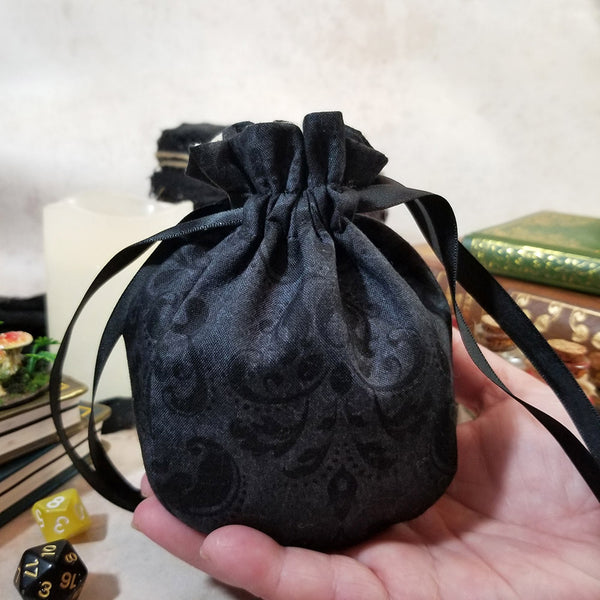 Small Round Dice Bag - Black Faux Damask