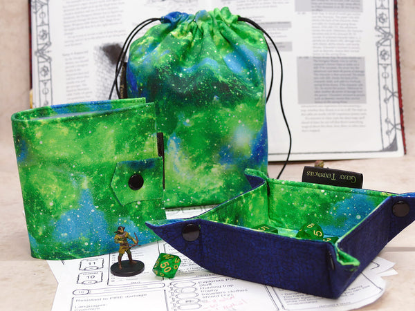 Green Nebula RPG Bundle - Dice Bag, Dice Tray & Spellbook