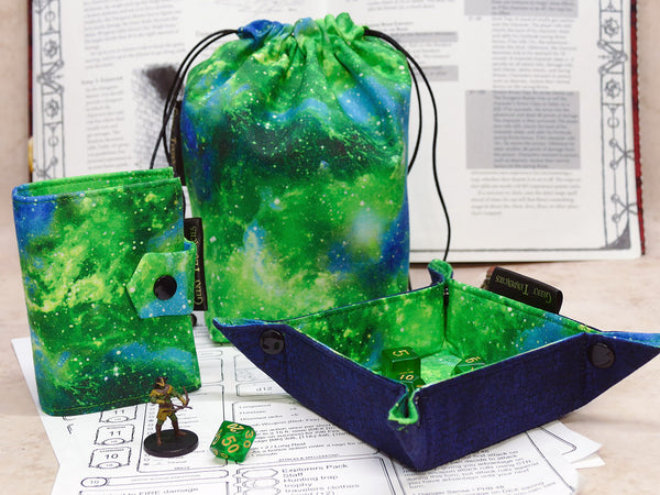 Green Nebula RPG Bundle - Dice Bag, Dice Tray & Spellbook