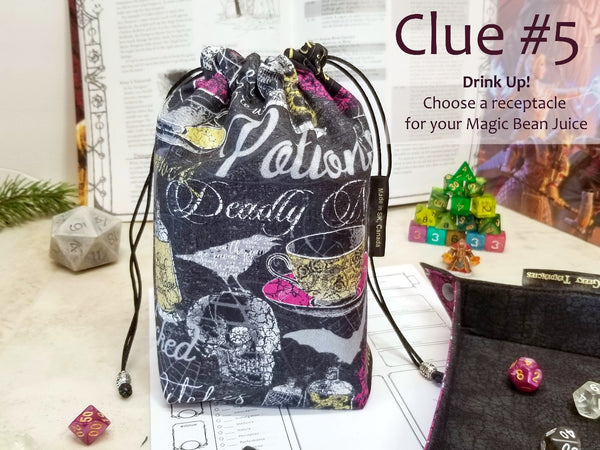 Halloween potions dice bag. Halloween print in black, metallic silver and purple with pops of gold