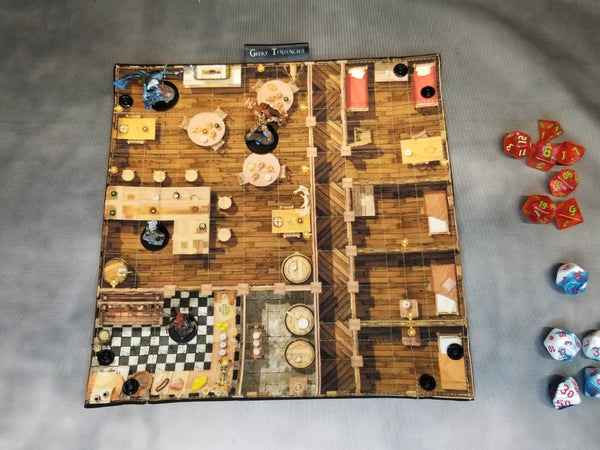 Roadside Tavern Dice Tray & Reversible Mini Battle Map – Indoor/Outdoor Grid Mat for TTRPGs