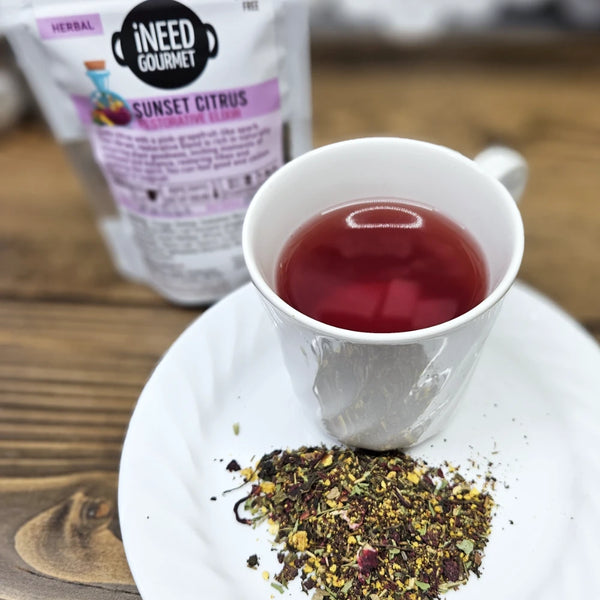 Sunset Citrus Elixir Herbal Tea: Fruity Caffeine-Free Loose Leaf Blend with Grapefruit-like vibes