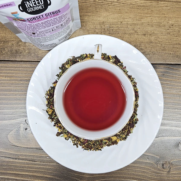 Sunset Citrus Elixir Herbal Tea: Fruity Caffeine-Free Loose Leaf Blend with Grapefruit-like vibes