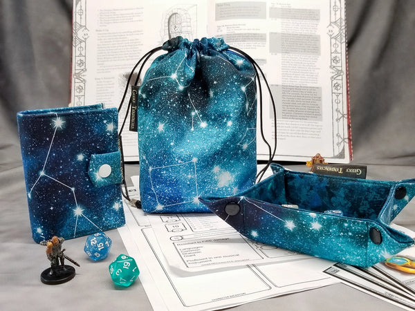 Teal Constellations RPG Bundle - Dice Bag, Dice Tray & Spellbook