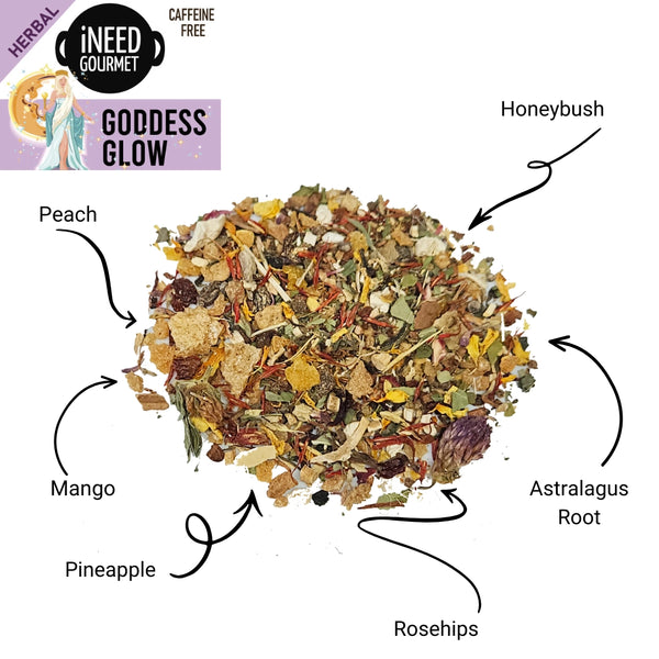 Goddess Glow Gourmet Herbal Tea: Peach Mango Tropical Loose Leaf Blend