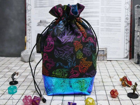 Black Rainbow Dragon dice bag with built-in organizer pockets