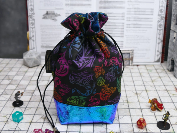 Black Rainbow Dragon dice bag with built-in organizer pockets