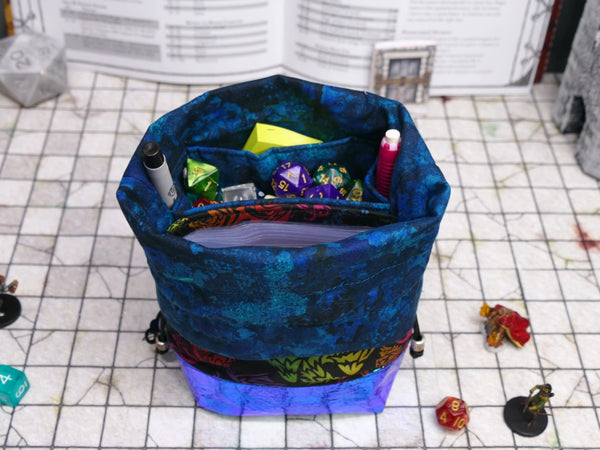 Black Rainbow Dragon dice bag with built-in organizer pockets