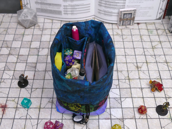 Black Rainbow Dragon dice bag with built-in organizer pockets