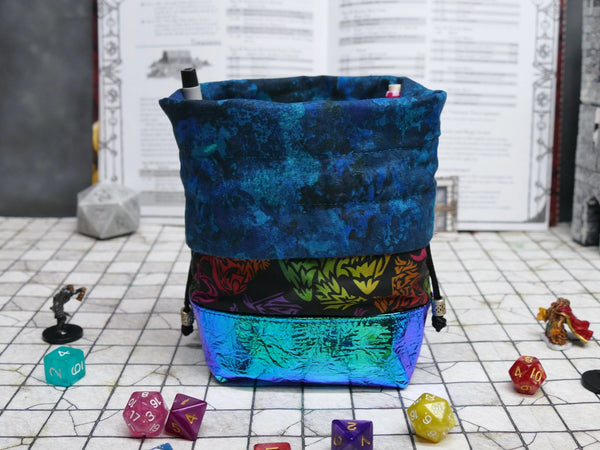 Black Rainbow Dragon dice bag with built-in organizer pockets