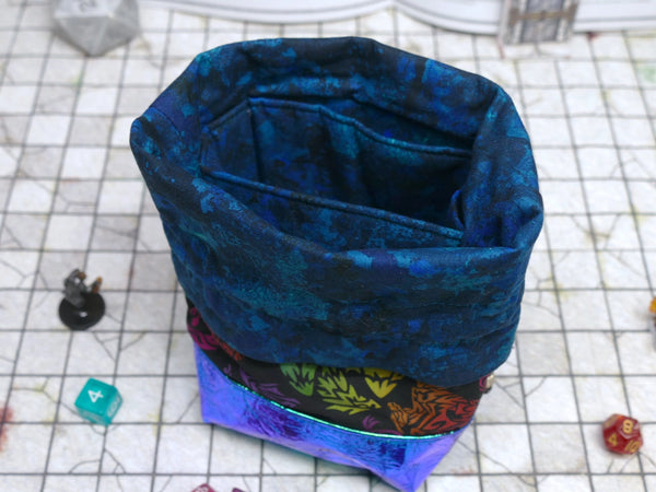 Black Rainbow Dragon dice bag with built-in organizer pockets