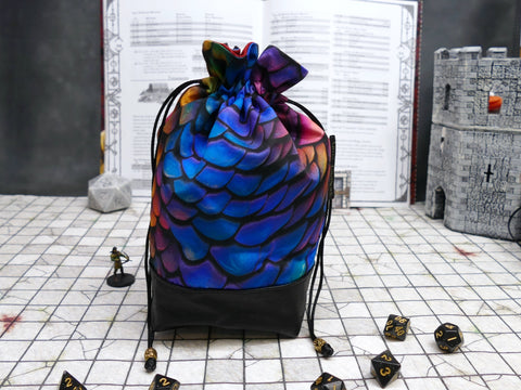 Rainbow Dragonscale dice bag with built-in organizer pockets