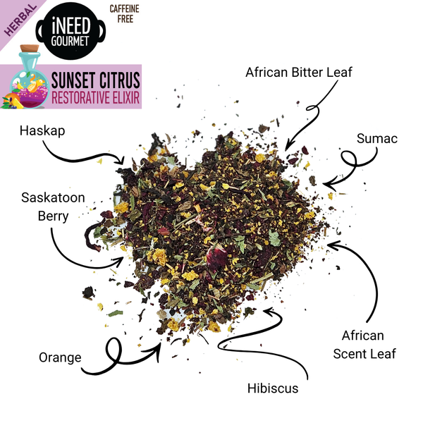 Sunset Citrus Elixir Herbal Tea: Fruity Caffeine-Free Loose Leaf Blend with Grapefruit-like vibes