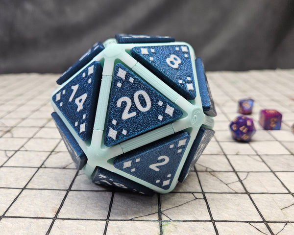 Light Aqua and Teal sparkle D20 Fidget clicker with flat numbers