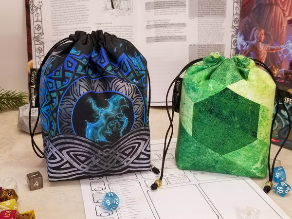 Large Blue Dragon Dice bag next to Medium Green Patchwork Bag for scale