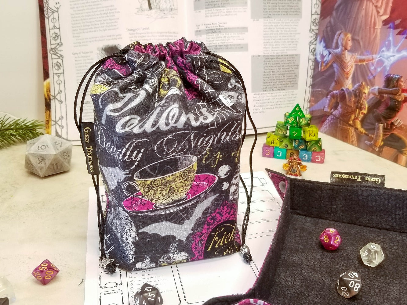 Halloween potions dice bag. Halloween print in black, metallic silver and purple with pops of gold