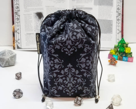 Black and grey damask print dice bag with skull beads