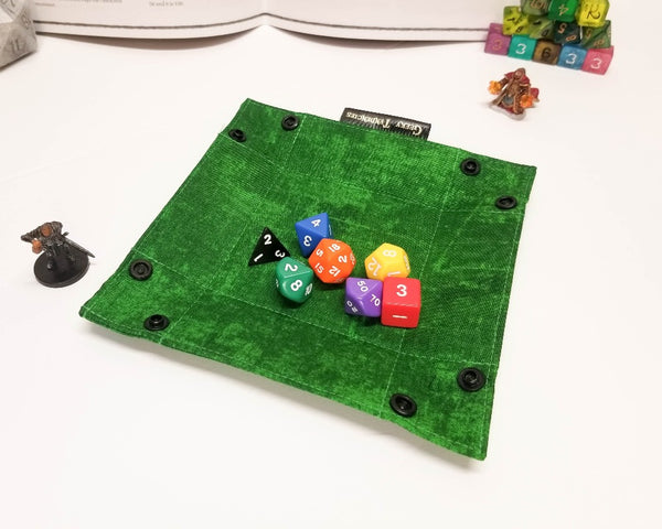 Small Green Tray, unsnapped and flat, with dice for scale
