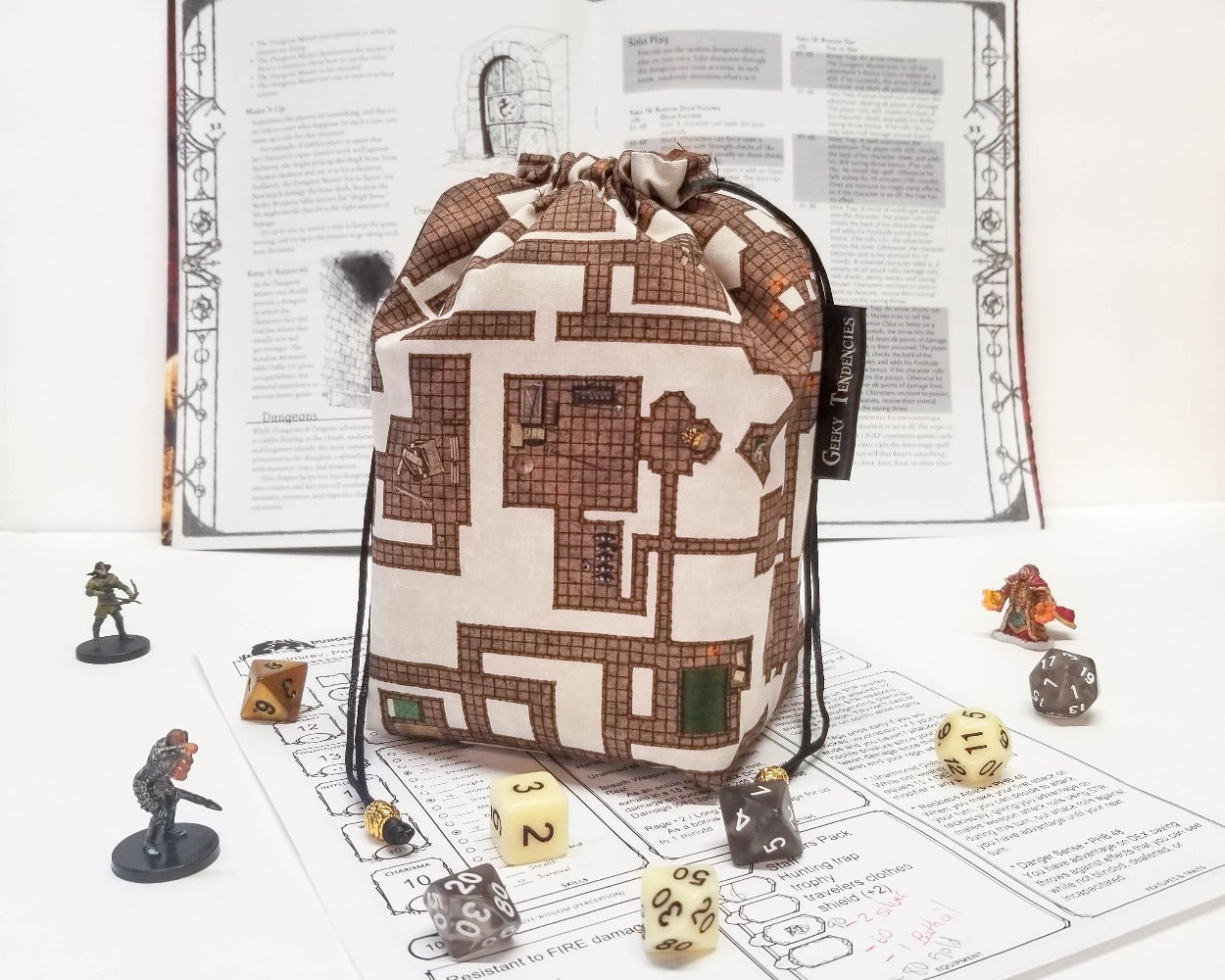 brown and cream dungeon map print dice bag. Front view. 