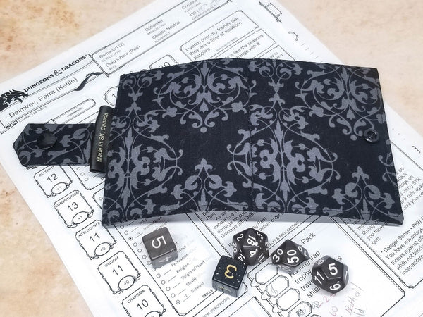 Gothic Black and grey damask print Spellbook. Open and back view showing print