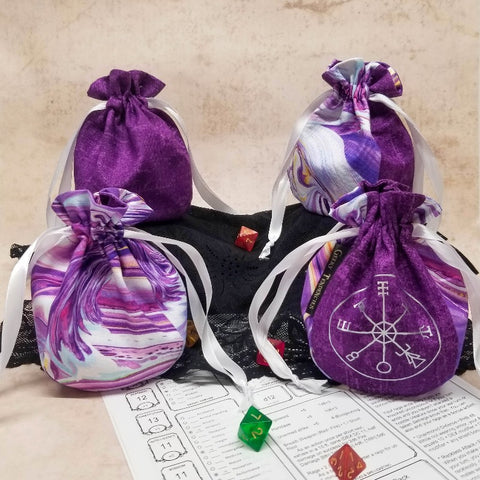 4 purple dice bags in different front/side panel variations. 