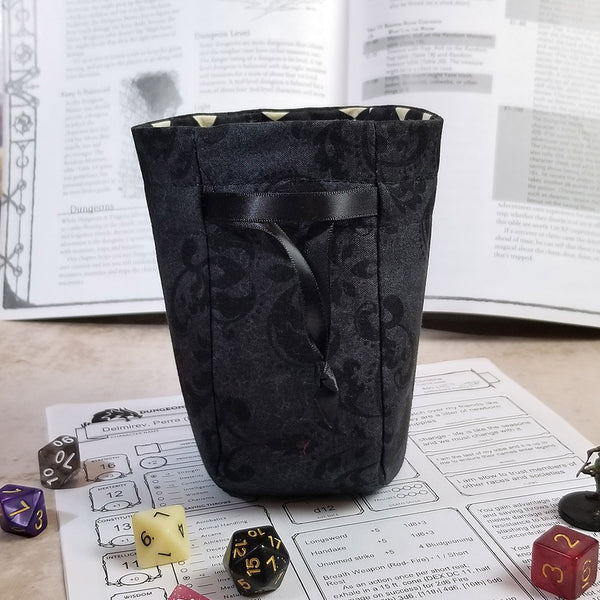 Small Round Dice Bag - Black Faux Damask