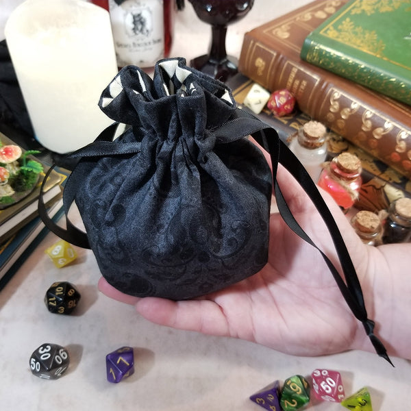 Small Round Dice Bag - Black Faux Damask