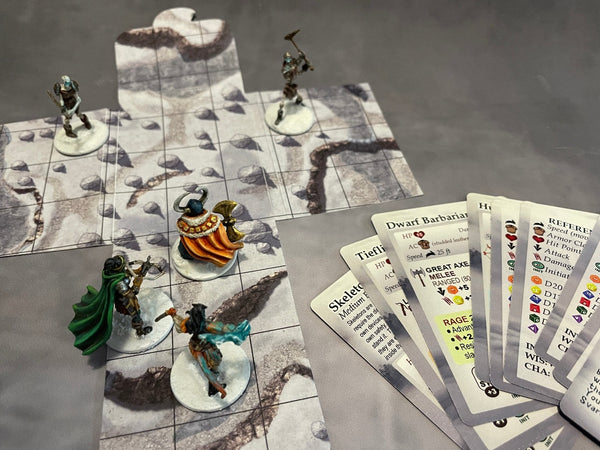 Army of Winter Diorama includes 5 Handpainted Minis, in a Winter Scene enclosure with glass viewing window. Comes with an adventure including map, and pregenerated character cards