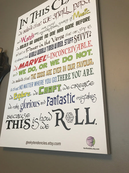 "In This Class" Motivational Fandom Quotations on mounted canvas